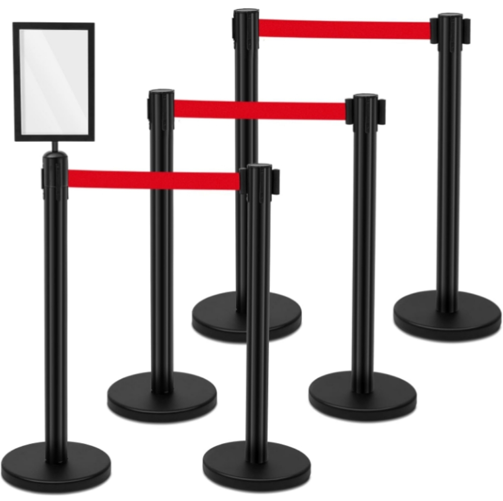 6 Safety Barrier Post with Retractable Belt and 1 Sign Holder